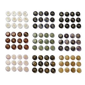 12 Constellation Natural Gemstone Cabochons Set, Golden Metal Enlaced Flat Round