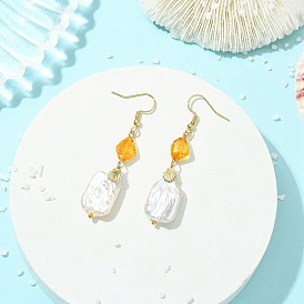 304 Stainless Steel Dangle Earring, Rectangle, with Natural Keshi Pearl & Amber Pendants