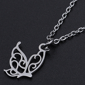 201 Stainless Steel Pendant Necklaces, with Cable Chains and Lobster Claw Clasps, Butterfly