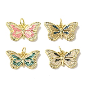 Brass Enamel Micro Pave Cubic Zirconia Pendants, Real 18K Gold Plated Butterfly Charms, with Jump Ring