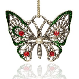 Plaqué argent vieilli émail d'alliage pendentifs papillon, avec cabochons de perles acryliques et strass, 57x47x7mm, Trou: 10x12mm