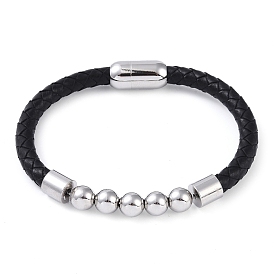 304 Stainless Steel Round Beads Leather Cord Bracelets, with Magnetic Clasps, for Men Women