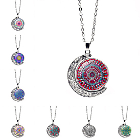Glass Moon with Mandala Flower Pendant Necklace, Stainless Steel Jewelry for Women
