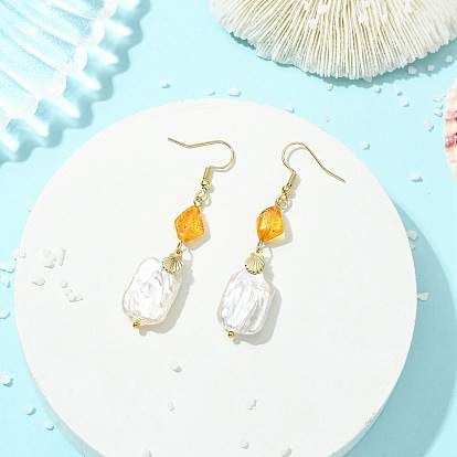 304 Stainless Steel Dangle Earring, Rectangle, with Natural Keshi Pearl & Amber Pendants