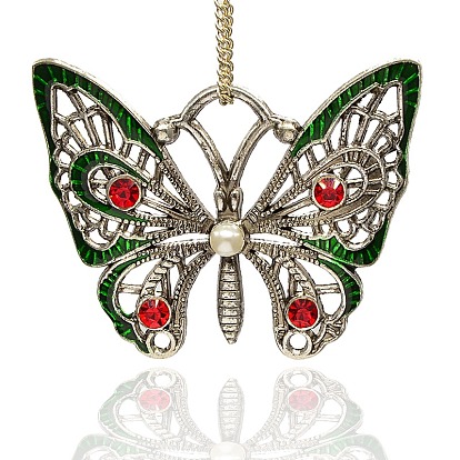 Antique Silver Plated Alloy Enamel Butterfly Pendants, with Rhinestone and Acrylic Pearl Cabochons, 57x47x7mm, Hole: 10x12mm