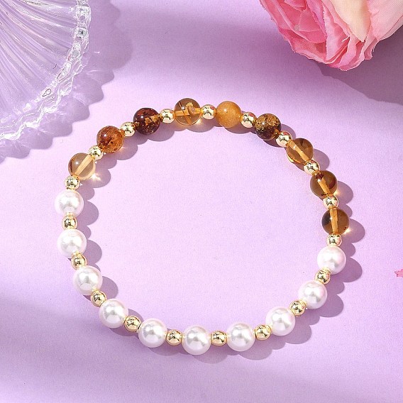 Эластичные браслеты для женщин из перламутра и натурального янтаря, С немагнитным синтетическим гематитом