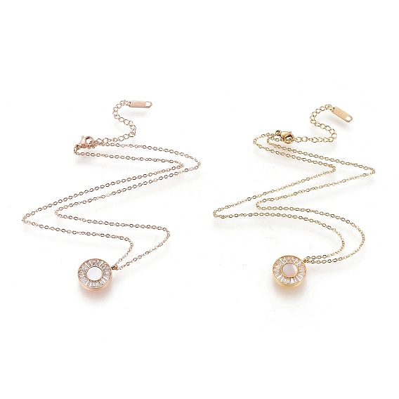 304 подвесные из нержавеющей стали ожерелья, с прозрачным фианитом и натуральной оболочкой, плоско-круглые