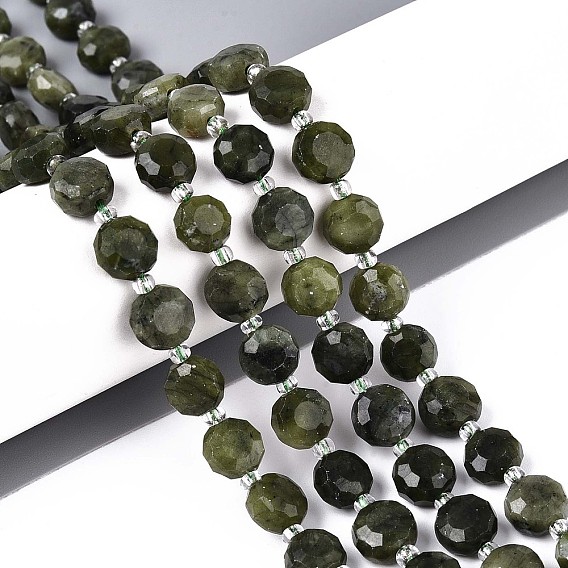 Природные китайский нефрит бисер пряди, плоско-круглые, граненые, с бисером