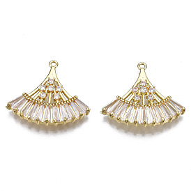 Brass Micro Pave Clear Cubic Zirconia Pendants, Cadmium Free & Nickel Free & Lead Free, Fan