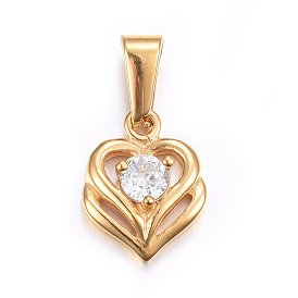 304 Stainless Steel Charms, with Cubic Zirconia, Heart, Clear