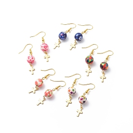 Resin Round Bead with Cross Dangle Earrings, Gold Plated Brass Jewelry for Women