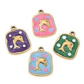 303 Stainless Steel Enamel Pendants, Rectangl with Dolphin Charms, Ion Plating(IP), Golden