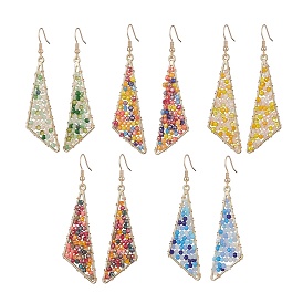 Glass Beaded Triangle Dangle Earrings, Golden 304 Stainless Steel Wire Wrap Jewelry for Women