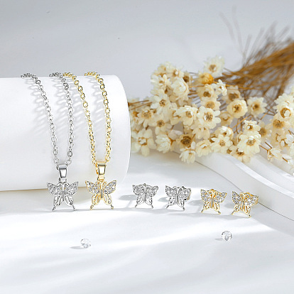 Комплекты из латунных подвесок-бабочек с микропаве из кубических цирконий и серег-гвоздиков для женщин