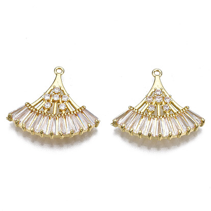 Brass Micro Pave Clear Cubic Zirconia Pendants, Cadmium Free & Nickel Free & Lead Free, Fan