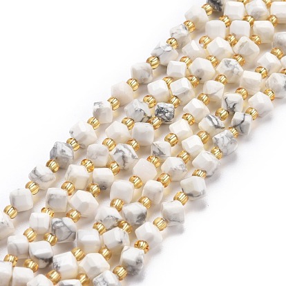 Natural Howlite Beads Strands, with Seed Beads, Faceted, Diagonal Cube Beads