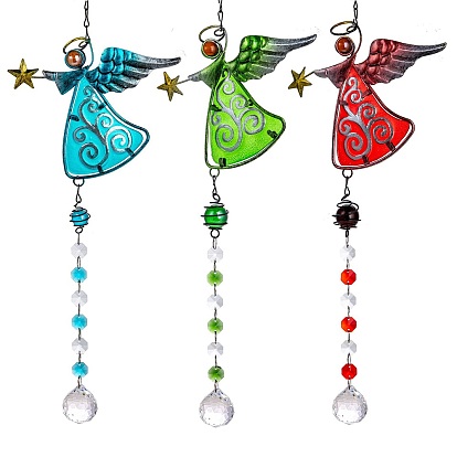 Glass Teardrop Prisms Suncatchers Hanging Ornaments, with Iron Angel, for Home, Garden Decoration