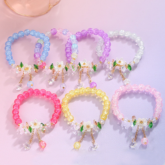 Круглые бусины из стекла с ромашками и трещинами, растягивающиеся браслеты, Браслеты с подвесками из сплава и цепочкой для женщин