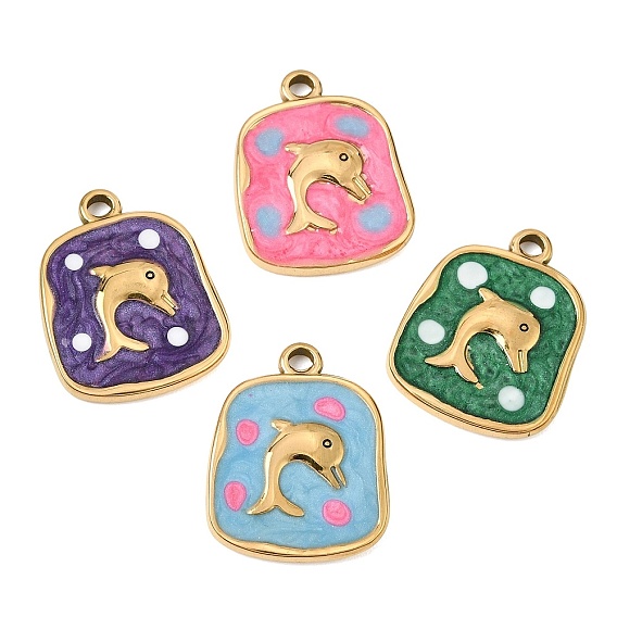 303 Stainless Steel Enamel Pendants, Rectangl with Dolphin Charms, Ion Plating(IP), Golden