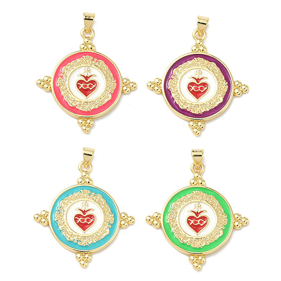 Латунь эмаль подвески, Плоский круглый подвесной медальон в виде священного сердца, долговечный, без кадмия и без свинца, стойки покрытие, реальный 18 k позолоченный