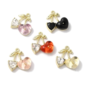 Rack Plating Alloy Crystal Rhinestone Heart Fruit Pendants, Resin Cherry Charms, Cadmium Free & Nickel Free & Lead Free