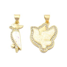 Brass Micro Pave Clear Cubic Zirconia Pendants, with Sythetic Opal, Real 18K Gold Plated