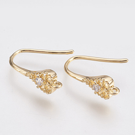 Brass Earring Hooks, with Cubic Zirconia and Horizontal Loop, Drop, Nickel Free