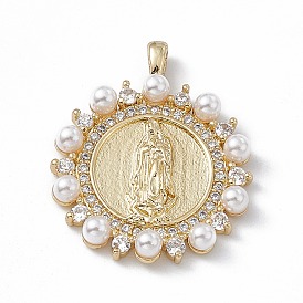 Rack Plating Brass Micro Pave Cubic Zirconia Pendants, with Plastic Imitation Pearl, Cadmium Free & Lead Free, Long-Lasting Plated, Flat Round with Religion Virgin Mary Charm
