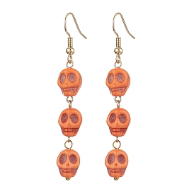 304 Stainless Steel Dangle Earrings, with Synthetic Turquoise, Skull, Dark Orange, For Halloween