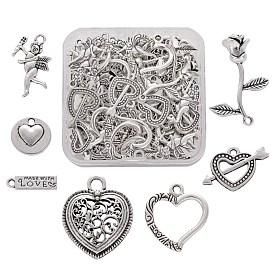 7Pcs 7 Style Tibetan Style Alloy Pendants, Flat Round & Rectangle & Arrow through Heart & Filigree Heart & Flower & Angel & Hollow Heart
