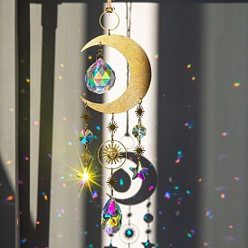 Glass Teardrop/Star Big Pendant Decorations, Hanging Suncatchers, with Brass Moon Sun Link for Window Decoration