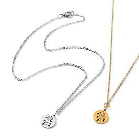 304 Stainless Steel Pendant Necklaces, Flat Round with Flower