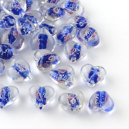 Handmade Luminous Inner Flower Lampwork Beads, Heart, 15~16x15~16x9~10mm, Hole: 1~2mm