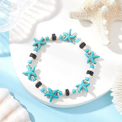 Синтетическая бирюза и натуральные бусины из лавы, эластичные браслеты для мужчин и женщин, морская звезда