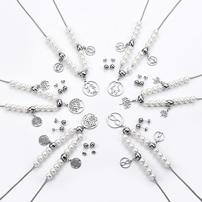 304 Stainless Steel Stud Earrings & Necklace Jewelry Sets, with Acrylic Imitation Pearl, Mixed Shapes