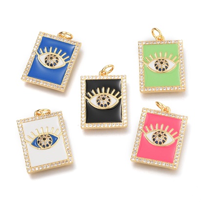 Brass Micro Pave Clear Cubic Zirconia Pendants, Long-Lasting Plated, with Jump Rings & Enamel, Real 18K Gold Plated, Rectangle with Eye
