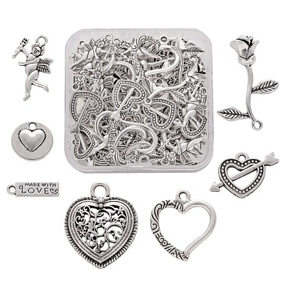 7Pcs 7 Style Tibetan Style Alloy Pendants, Flat Round & Rectangle & Arrow through Heart & Filigree Heart & Flower & Angel & Hollow Heart