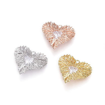 Brass Pendant, with Cubic Zirconia, Heart, Clear
