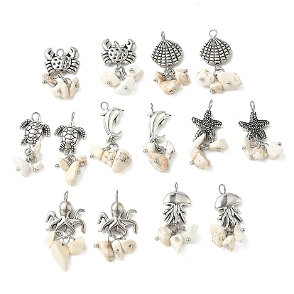 14Pcs 7 Styles Sea Animals Alloy Pendants, Gemstone Chip Tassel Charms, Antique Silver