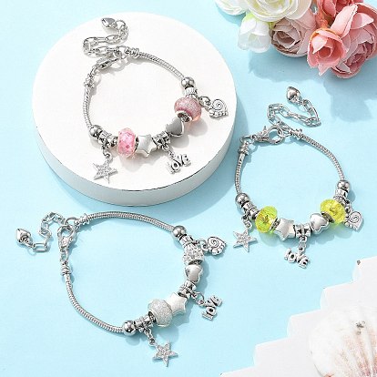 3шт 3 цвета латунные европейские бусины браслеты с подвесками наборы, платиновые браслеты-змейки для женщин, звезда и сердце и слово любовь, cmолой