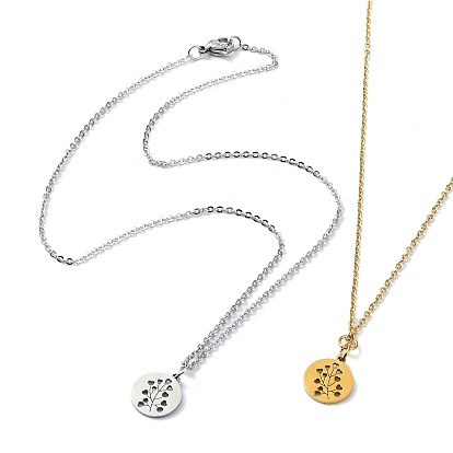 304 Stainless Steel Pendant Necklaces, Flat Round with Flower