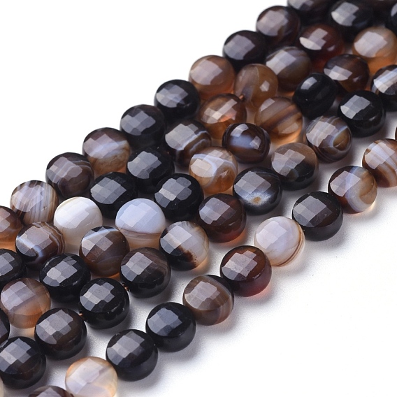 Natural Banded Agate/Striped Agate Beads Strands, Faceted, Dyed & Heated, Flat Round