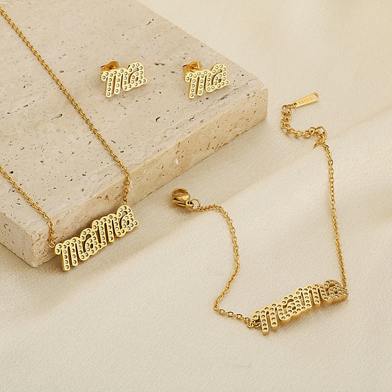 День матери 304 Наборы украшений из нержавеющей стали с кристаллами и стразами, Слово мама