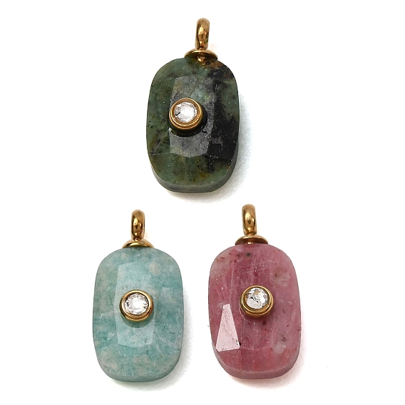 Natural Gemstone Faceted Pendants, Rectangle Charms with 304 Stainless Steel Crystal Rhinestone Findings, Ion Plating(IP), Real 14K Gold Plated