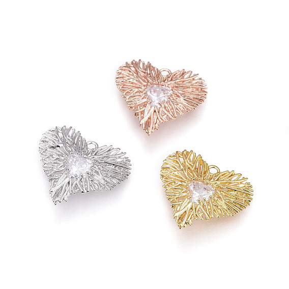 Brass Pendant, with Cubic Zirconia, Heart, Clear