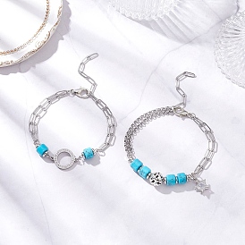 2Pcs 2 Styles 304 Stainless Steel Multi-layered Bracelets, Alloy & 304 Stainless Steel Link & Charm Bracelets for Women, with Synthetic Turquoise