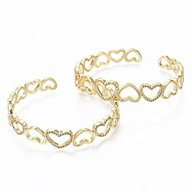 Brass Micro Pave Clear Cubic Zirconia Cuff Bangles, Nickel Free, Heart