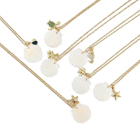 Summer Beach Brass Cubic Zirconia Sea Animal Pendant Necklaces for Women, Shell Pendant Necklaces, Real 18K Gold Plated