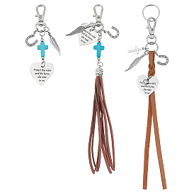 3 Décorations pendentifs en alliage, turquoise synthétique, cordon en faux daim et simili cuir plat, avec fermoirs mousquetons pivotants en alliage et anneaux en fer