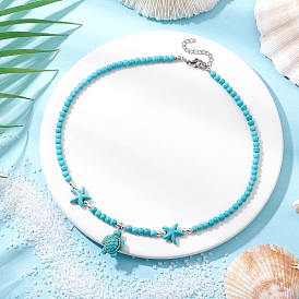 Ожерелья с подвесками в виде морских черепах и морских звезд из синтетической бирюзы, Ожерелья из синтетической бирюзы/синтетического магнезита с 304 цепочкой на конце из нержавеющей стали, цвет нержавеющей стали